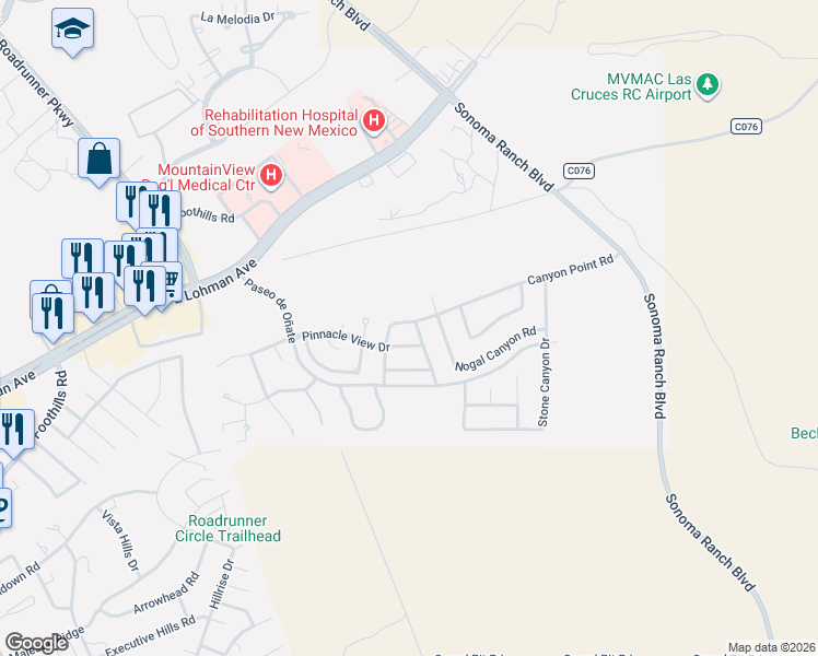 map of restaurants, bars, coffee shops, grocery stores, and more near 621 Canyon Point Rd in Las Cruces