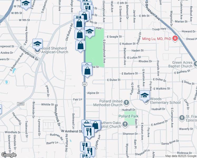 map of restaurants, bars, coffee shops, grocery stores, and more near 311 Amberwood Circle in Tyler