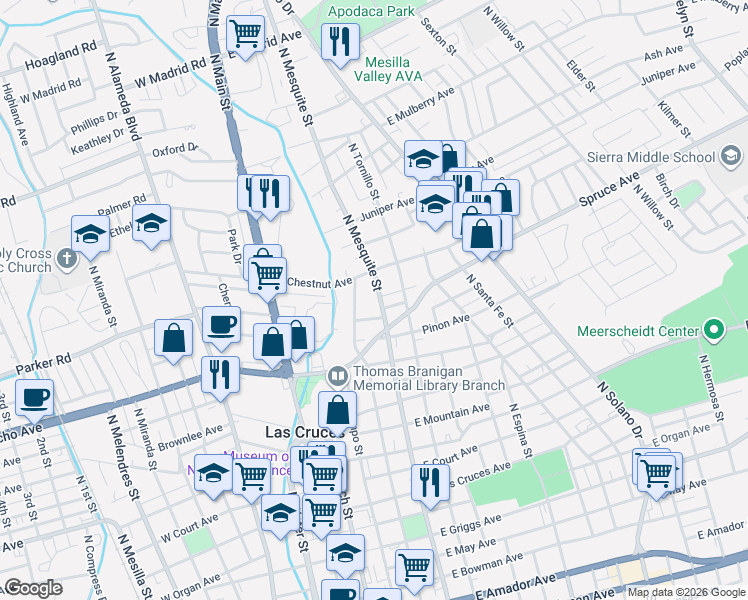 map of restaurants, bars, coffee shops, grocery stores, and more near 1128 North Campo Street in Las Cruces