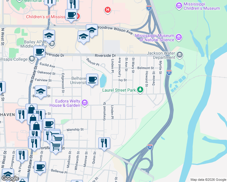 map of restaurants, bars, coffee shops, grocery stores, and more near 1506 Greymont Avenue in Jackson