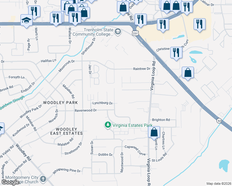 map of restaurants, bars, coffee shops, grocery stores, and more near 2828 Shenandoah Drive in Montgomery