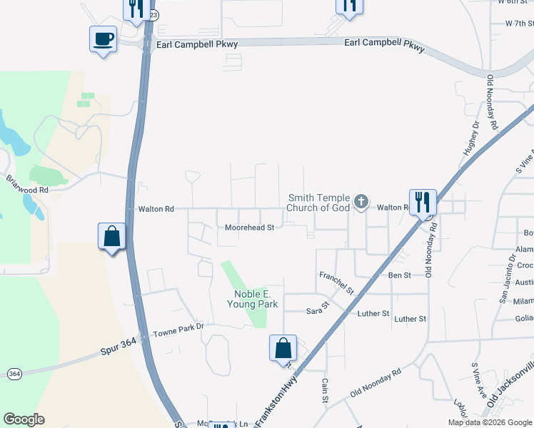 map of restaurants, bars, coffee shops, grocery stores, and more near 2918 Walton Road in Tyler