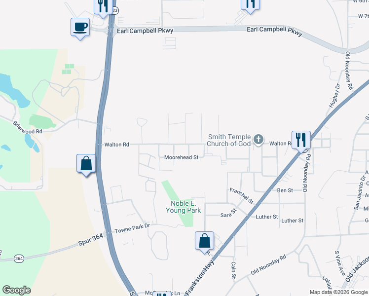 map of restaurants, bars, coffee shops, grocery stores, and more near 2918 Walton Road in Tyler