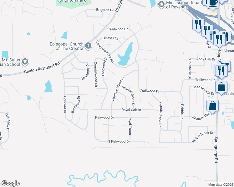 map of restaurants, bars, coffee shops, grocery stores, and more near 304 Shadow Wood Drive in Clinton