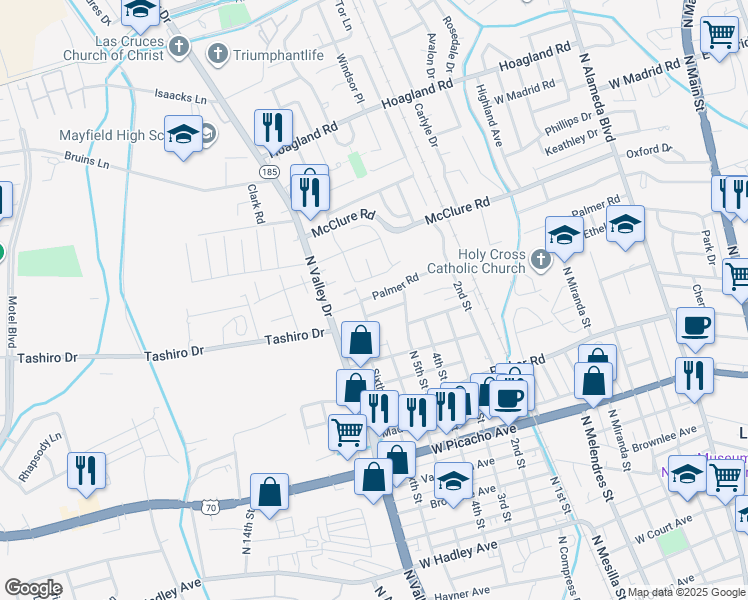 map of restaurants, bars, coffee shops, grocery stores, and more near 1255 Palmer Road in Las Cruces