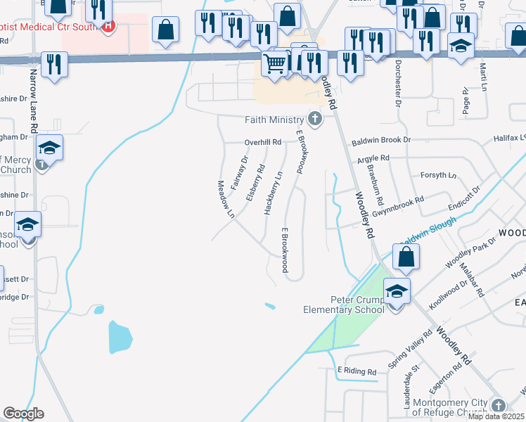 map of restaurants, bars, coffee shops, grocery stores, and more near 3264 Hackberry Lane in Montgomery