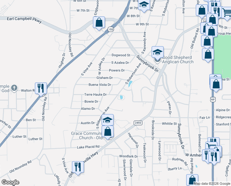 map of restaurants, bars, coffee shops, grocery stores, and more near 2836 Aurora Drive in Tyler