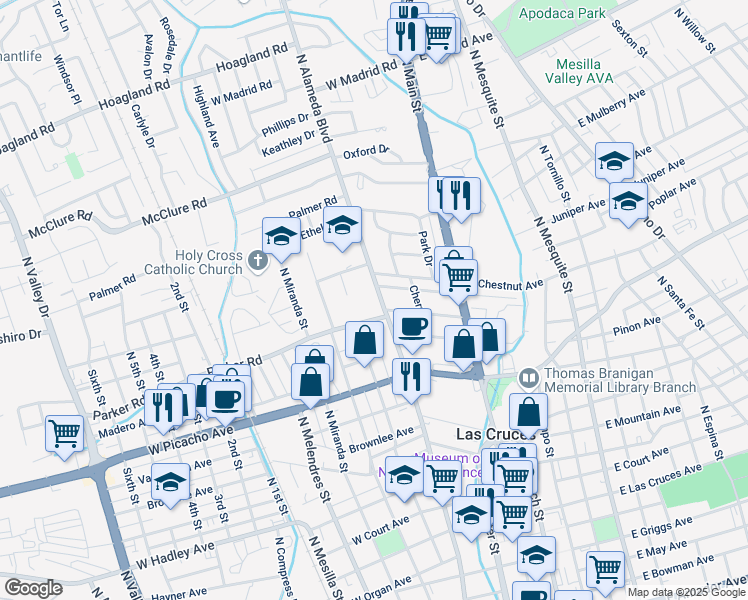 map of restaurants, bars, coffee shops, grocery stores, and more near 1135 North Alameda Boulevard in Las Cruces