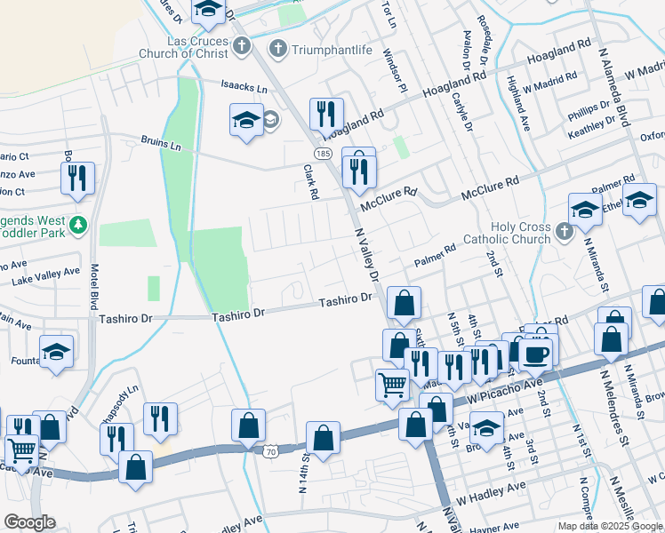 map of restaurants, bars, coffee shops, grocery stores, and more near 1533 Casa Drive in Las Cruces