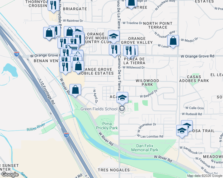 map of restaurants, bars, coffee shops, grocery stores, and more near 6161 North Elm Tree Lane in Tucson