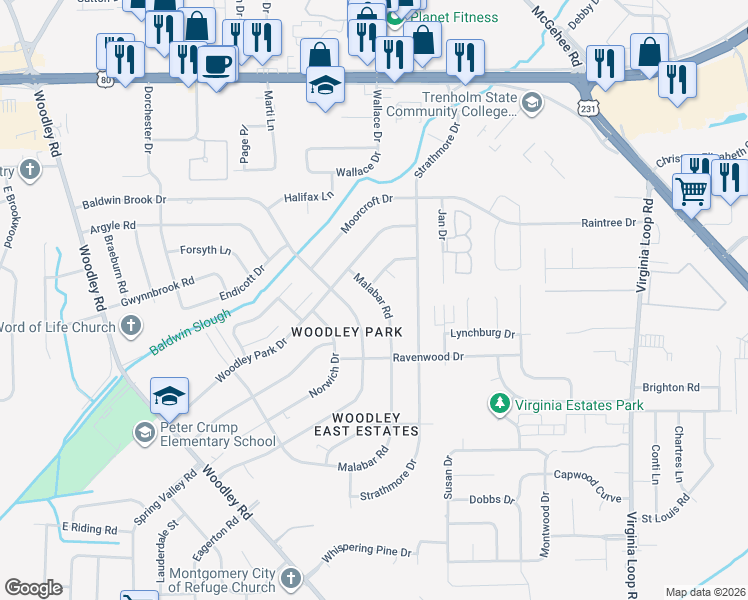 map of restaurants, bars, coffee shops, grocery stores, and more near 4049 Malabar Road in Montgomery