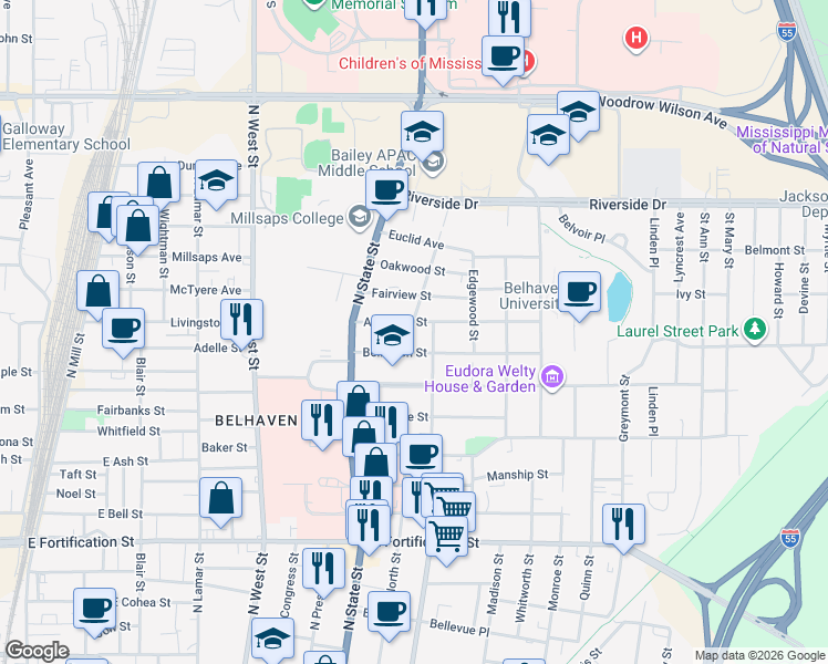 map of restaurants, bars, coffee shops, grocery stores, and more near 775 Arlington Street in Jackson