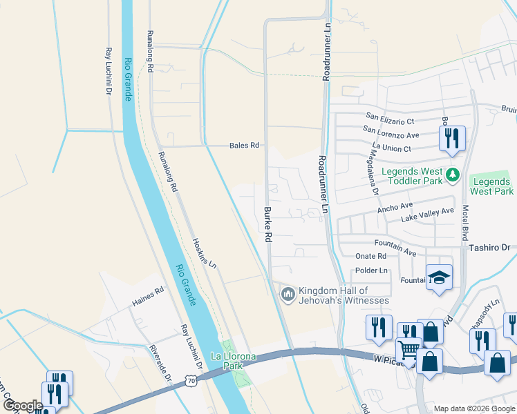 map of restaurants, bars, coffee shops, grocery stores, and more near 1501 Del Rio Drive in Las Cruces