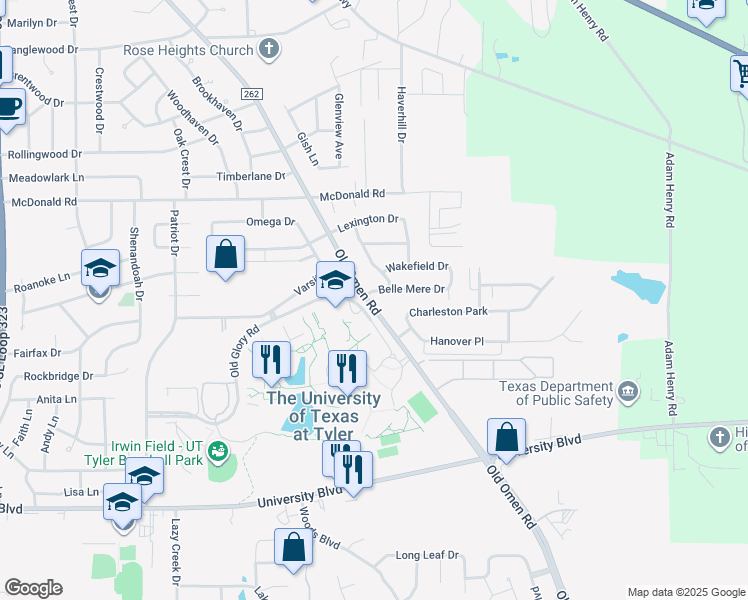 map of restaurants, bars, coffee shops, grocery stores, and more near 2806 Old Omen Road in Tyler