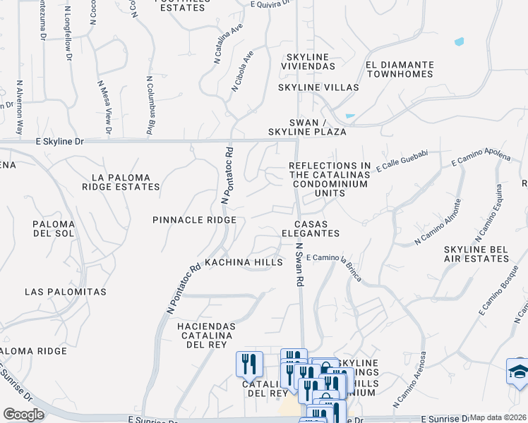 map of restaurants, bars, coffee shops, grocery stores, and more near 4593 East Camino Pimeria Alta in Tucson