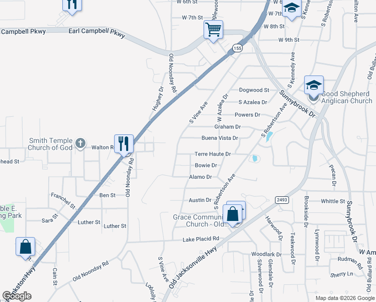 map of restaurants, bars, coffee shops, grocery stores, and more near 1613 Terre Haute Drive in Tyler