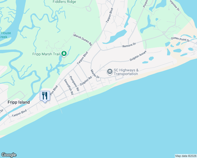 map of restaurants, bars, coffee shops, grocery stores, and more near 733 Marlin Drive in Fripp Island