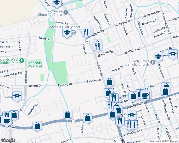 map of restaurants, bars, coffee shops, grocery stores, and more near 1517 Casa Drive in Las Cruces
