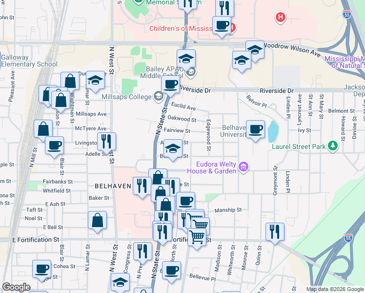 map of restaurants, bars, coffee shops, grocery stores, and more near 775 Arlington Street in Jackson