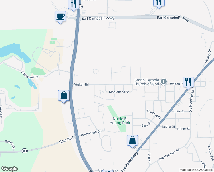 map of restaurants, bars, coffee shops, grocery stores, and more near 3122 Walton Road in Tyler
