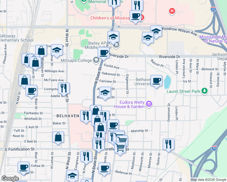 map of restaurants, bars, coffee shops, grocery stores, and more near 775 Arlington St in Jackson