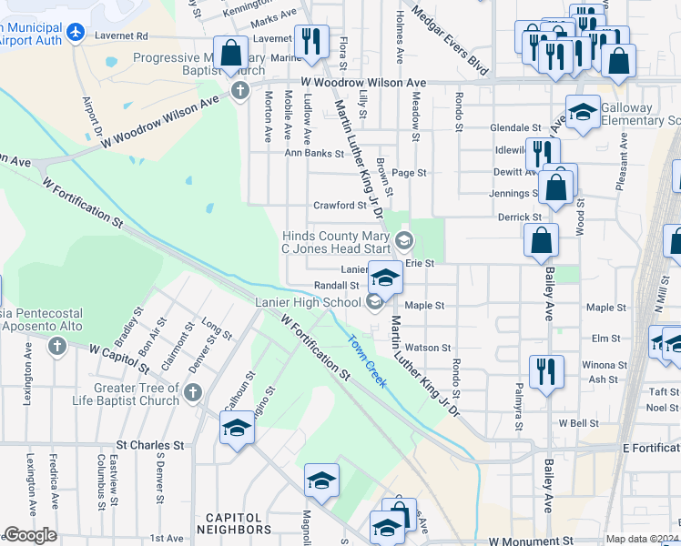 map of restaurants, bars, coffee shops, grocery stores, and more near 913 Lanier Avenue in Jackson