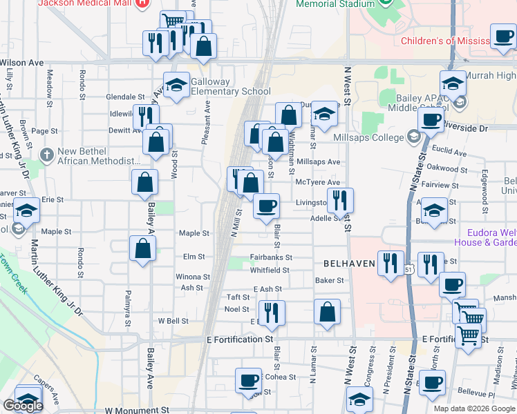 map of restaurants, bars, coffee shops, grocery stores, and more near 139 Livingston Street in Jackson