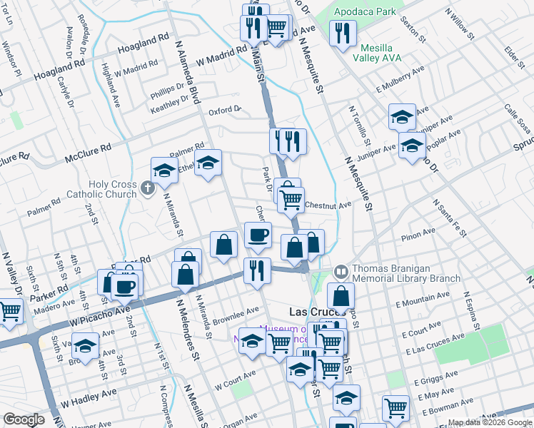 map of restaurants, bars, coffee shops, grocery stores, and more near 222 West Greening Avenue in Las Cruces