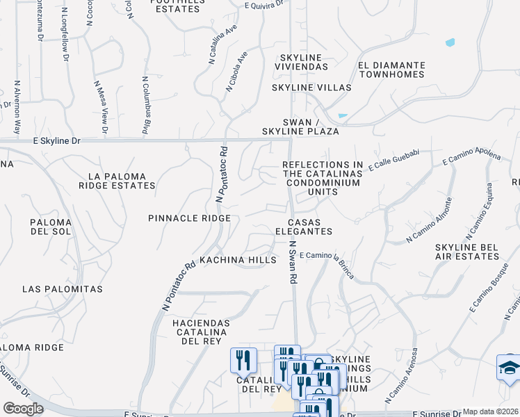 map of restaurants, bars, coffee shops, grocery stores, and more near 4593 East Camino Pimeria Alta in Tucson