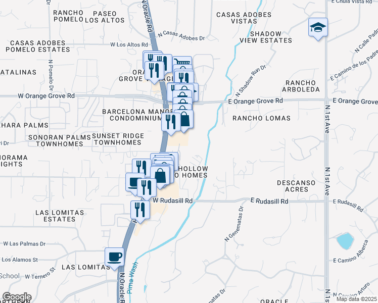map of restaurants, bars, coffee shops, grocery stores, and more near 6200 North Oracle Road in Tucson