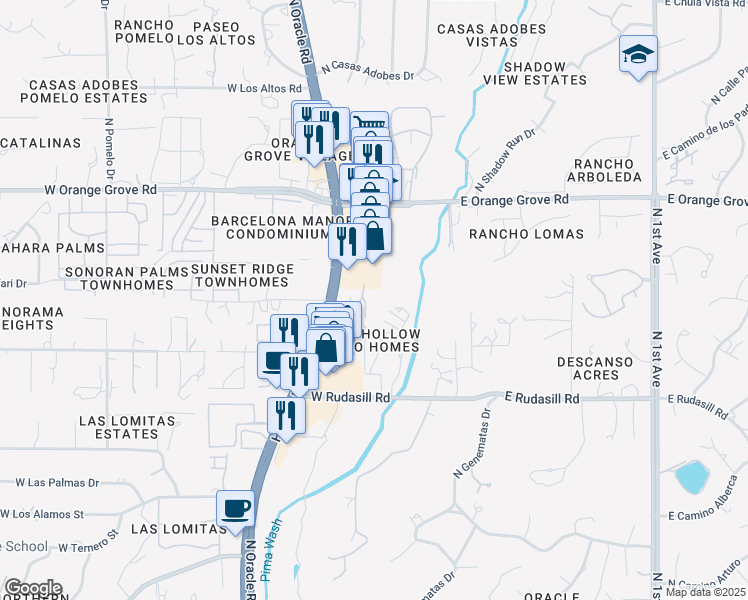 map of restaurants, bars, coffee shops, grocery stores, and more near 6200 North Oracle Road in Tucson