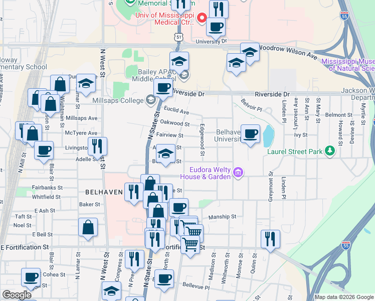 map of restaurants, bars, coffee shops, grocery stores, and more near 775 Arlington Street in Jackson