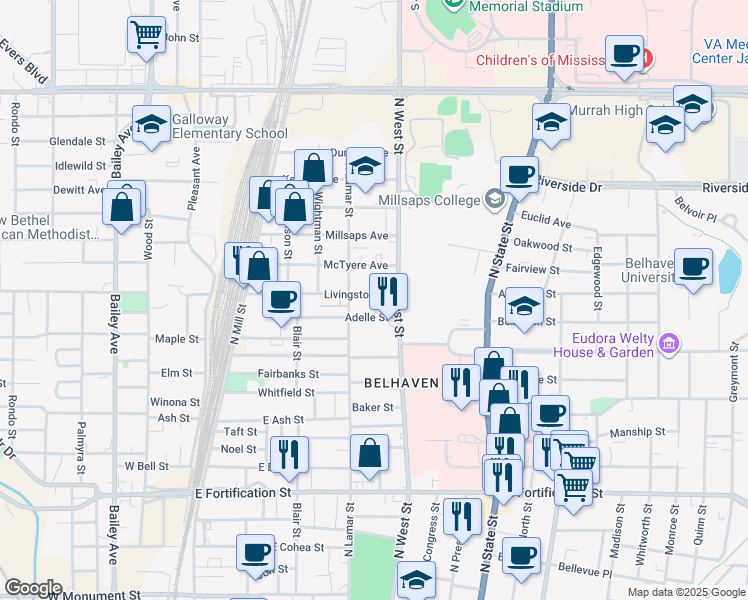 map of restaurants, bars, coffee shops, grocery stores, and more near 340 Adelle Street in Jackson