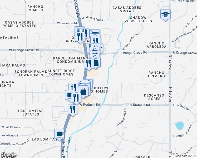 map of restaurants, bars, coffee shops, grocery stores, and more near 6200 North Oracle Road in Tucson