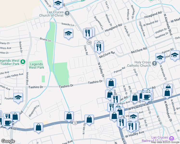 map of restaurants, bars, coffee shops, grocery stores, and more near 1521 Casa Drive in Las Cruces