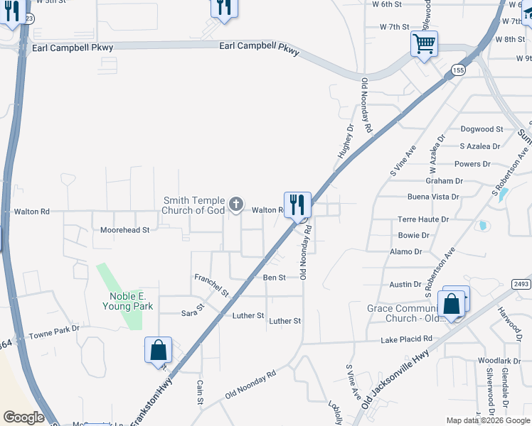 map of restaurants, bars, coffee shops, grocery stores, and more near 2224 Walton Road in Tyler