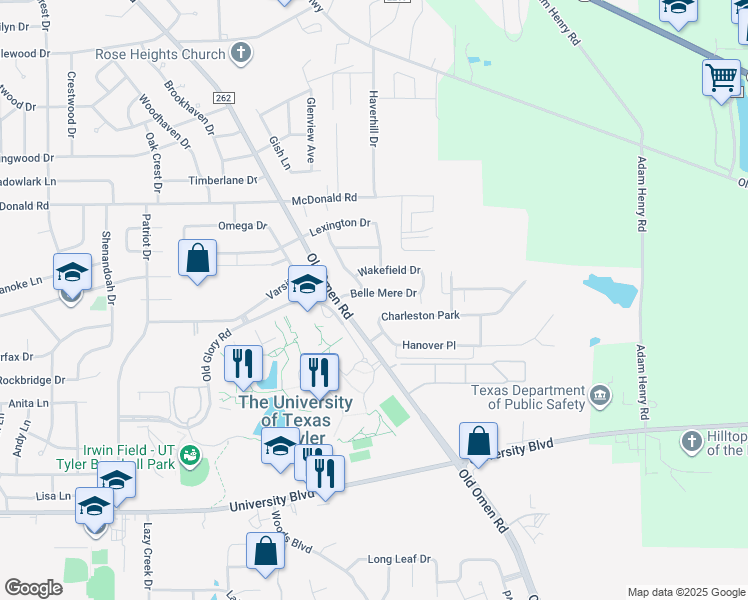 map of restaurants, bars, coffee shops, grocery stores, and more near 3833 Belle Mere Street in Tyler