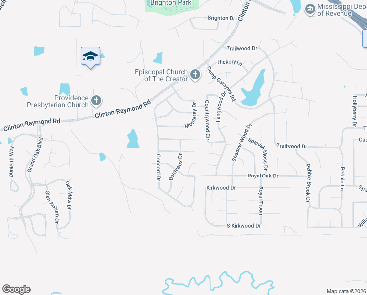 map of restaurants, bars, coffee shops, grocery stores, and more near 107 Bordeaux Drive in Clinton