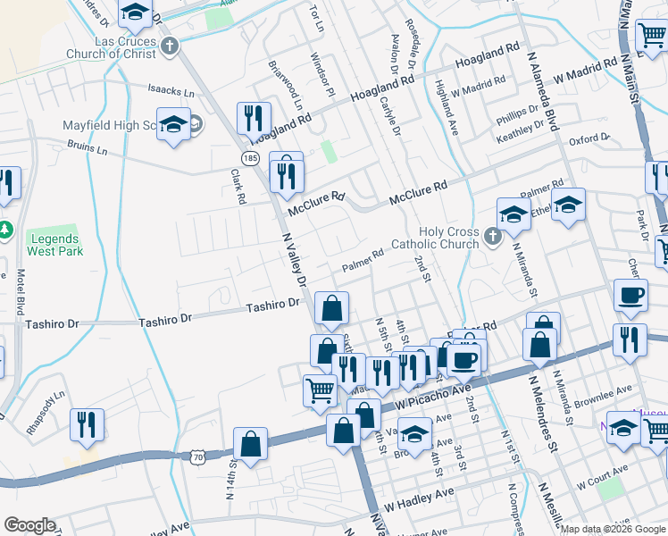 map of restaurants, bars, coffee shops, grocery stores, and more near 1255 Palmer Road in Las Cruces