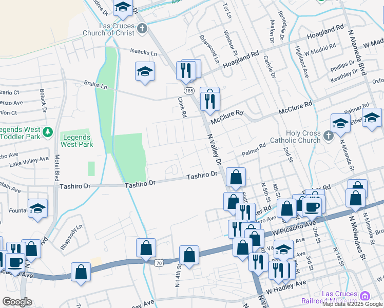 map of restaurants, bars, coffee shops, grocery stores, and more near 1517 Casa Drive in Las Cruces