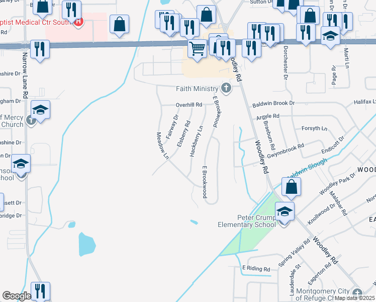 map of restaurants, bars, coffee shops, grocery stores, and more near 3264 Hackberry Lane in Montgomery