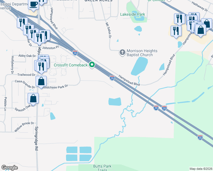 map of restaurants, bars, coffee shops, grocery stores, and more near 131 Woodchase Park Drive in Clinton
