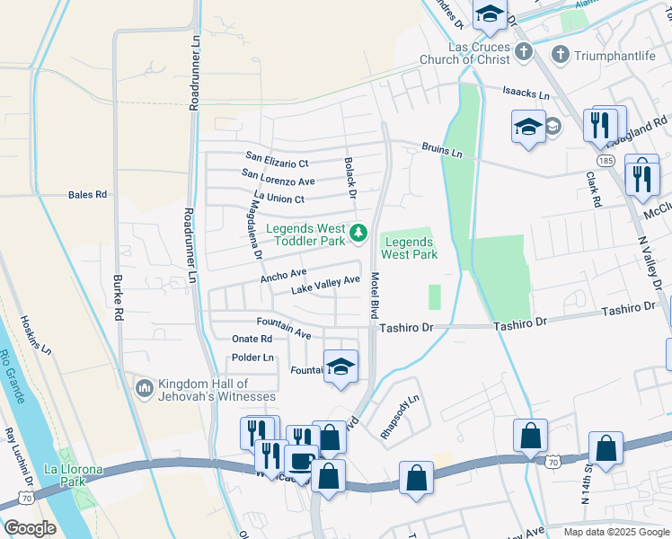 map of restaurants, bars, coffee shops, grocery stores, and more near 2886 Lake Valley Avenue in Las Cruces