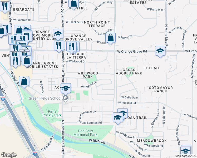 map of restaurants, bars, coffee shops, grocery stores, and more near 3025 West Bayleaf Drive in Tucson