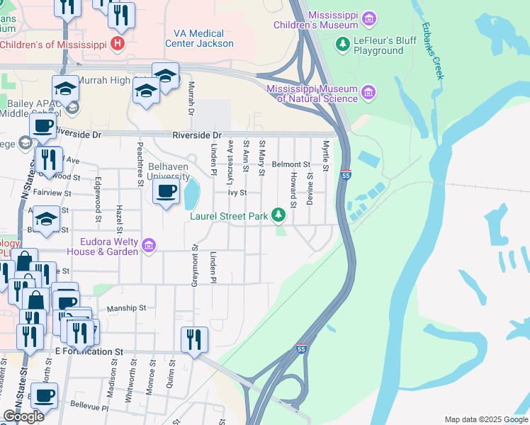 map of restaurants, bars, coffee shops, grocery stores, and more near 1514 Saint Mary Street in Jackson