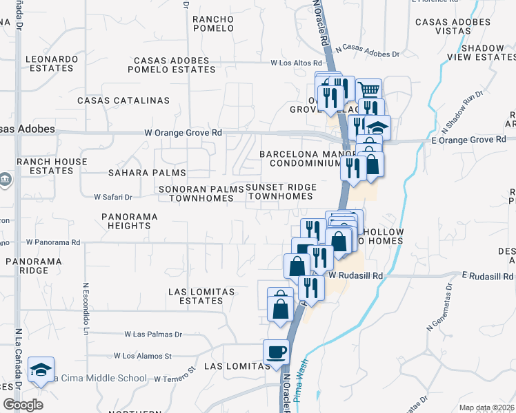 map of restaurants, bars, coffee shops, grocery stores, and more near 717 West Lavery Lane in Tucson