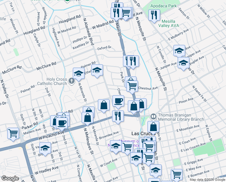 map of restaurants, bars, coffee shops, grocery stores, and more near 222 West Greening Avenue in Las Cruces