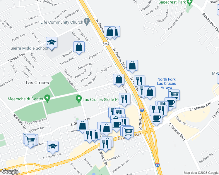 map of restaurants, bars, coffee shops, grocery stores, and more near 579 Sheryl Way in Las Cruces