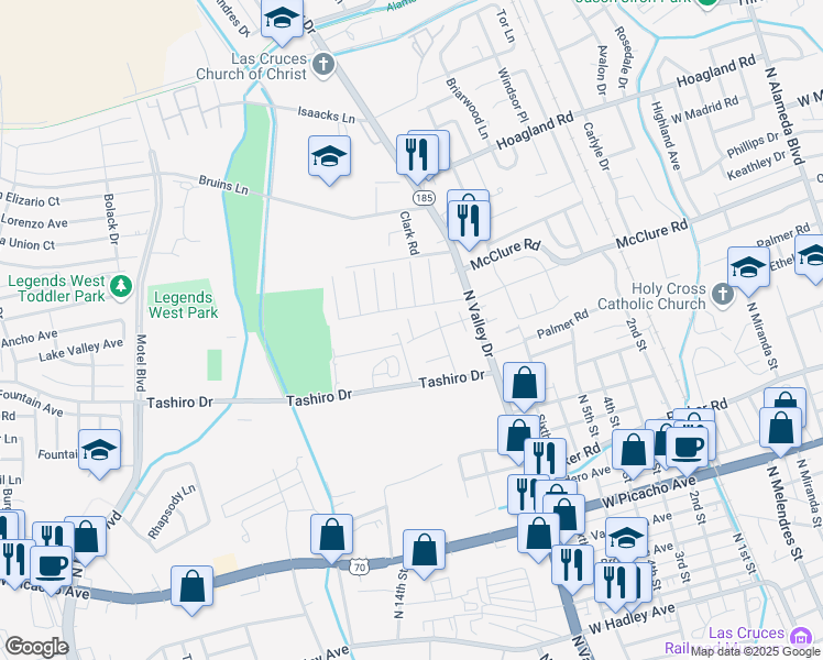 map of restaurants, bars, coffee shops, grocery stores, and more near 1644 Casita Court in Las Cruces