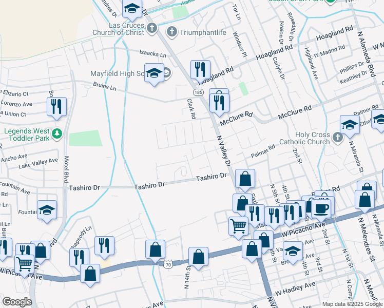 map of restaurants, bars, coffee shops, grocery stores, and more near 1647 Casita Court in Las Cruces